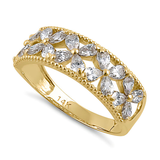 Vinali 14K Solid Yellow Gold Marquise CZ Flower Wide Band Ring for Women