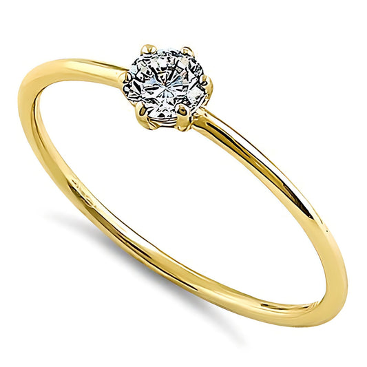 Vinali 14K Solid Yellow Gold 4mm Round CZ Solitaire Promise Ring for Women
