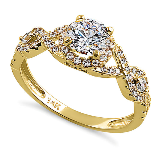 Vinali 14K Solid Yellow Gold Round CZ Halo Twist Engagement Ring for Women