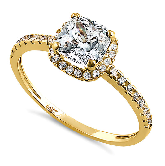 Vinali 14K Solid Yellow Gold 6mm Center Cushion Cut CZ Halo Engagement Ring