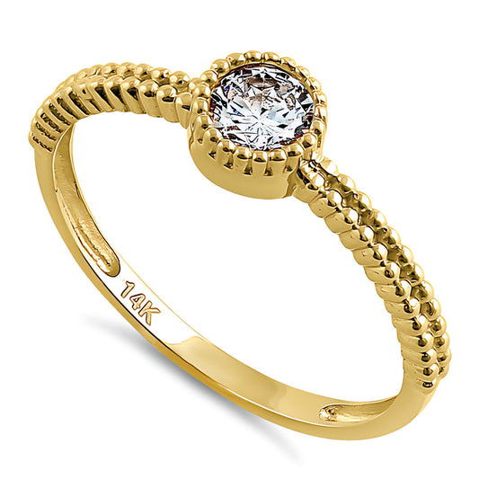 Vinali 14K Solid Yellow Gold Round CZ Solitaire Beaded Band Ring for Women