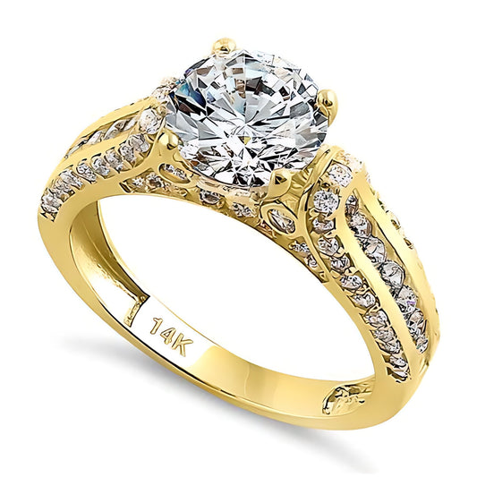 Vinali 14K Solid Yellow Gold 8mm Round CZ Pave Engagement Ring for Women