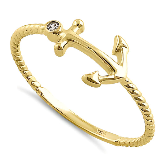 Vinali 14K Solid Yellow Gold Sideways Anchor CZ Rope Band Ring for Women