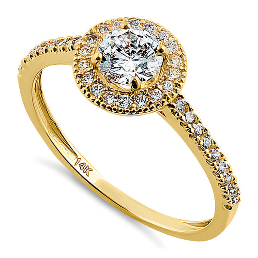 Vinali 14K Solid Yellow Gold 5mm Center Round CZ Halo Engagement Ring