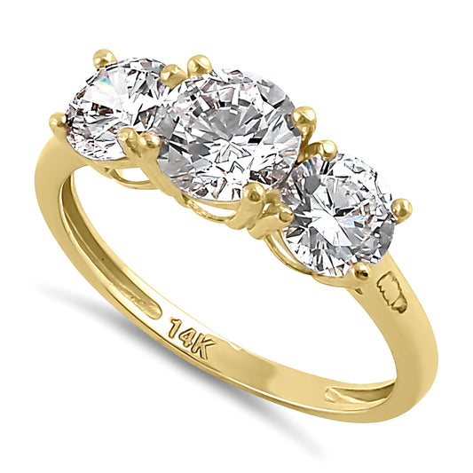 Vinali 14K Solid Yellow Gold Round CZ Three Stone Engagement Ring for Women