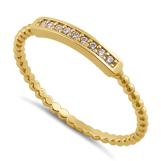Vinali 14K Solid Yellow Gold Beaded Bar Pave CZ Stacking Ring for Women