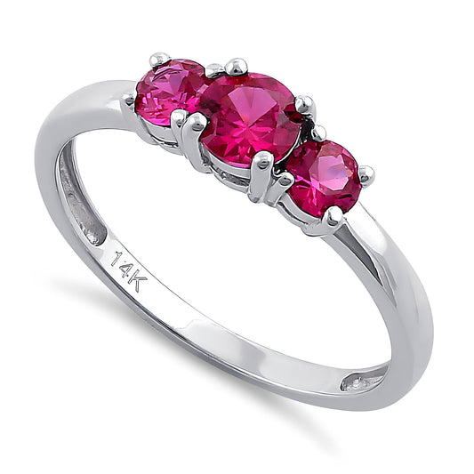 Vinali 14K Solid White Gold Red CZ Three Stone Ring for Women