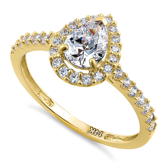 Vinali 14K Solid Yellow Gold Pear CZ Halo Engagement Ring for Women