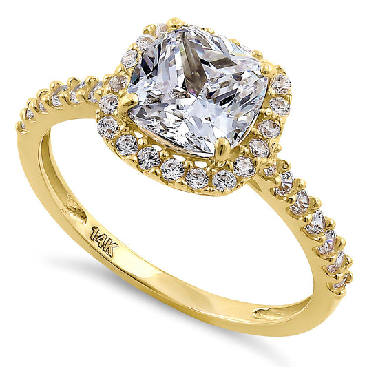 Vinali 14K Solid Yellow Gold 7mm Cushion CZ Halo Engagement Ring for Women