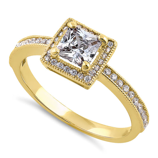 Vinali 14K Solid Yellow Gold Princess Cut CZ Halo Engagement Ring