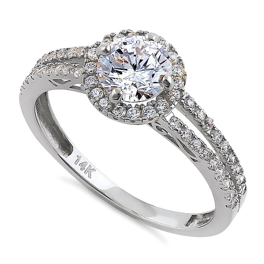Vinali 14K Solid White Gold Round CZ Halo Split Shank Engagement Ring