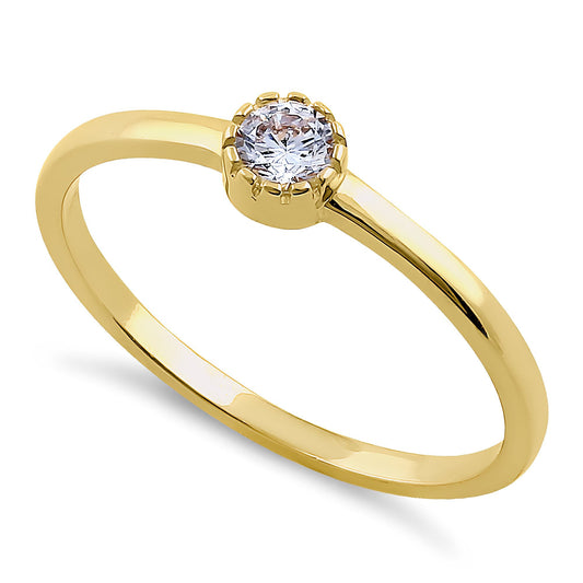 Vinali 14K Solid Yellow Gold Dainty Round CZ Solitaire Ring for Women