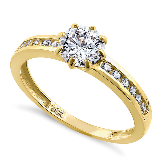 Vinali 14K Solid Yellow Gold Round CZ Engagement Ring with Channel Band