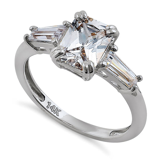 Vinali 14K Solid White Gold Emerald Cut CZ Three Stone Engagement Ring