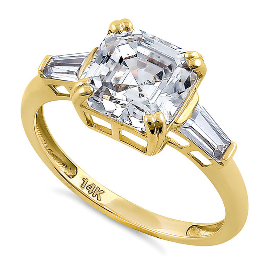 Vinali 14K Solid Yellow Gold Asscher Cut CZ Three Stone Engagement Ring