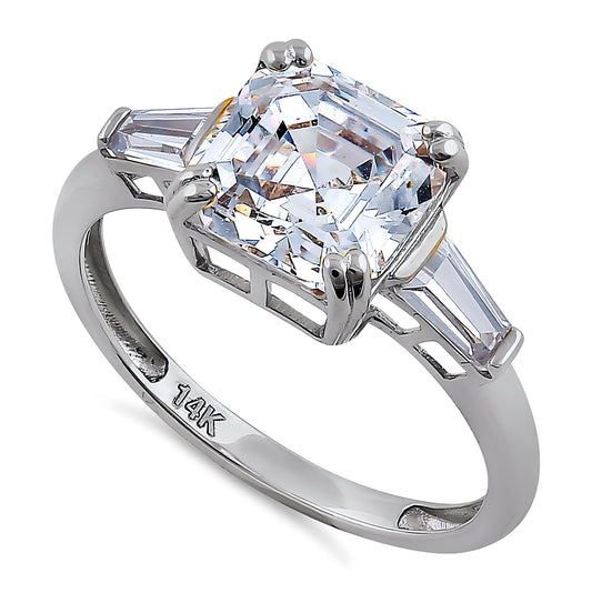 Vinali 14K Solid White Gold Asscher CZ Three Stone Engagement Ring
