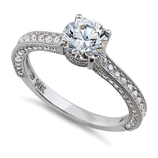 Vinali 14K Solid White Gold Round CZ Solitaire Pave Engagement Ring