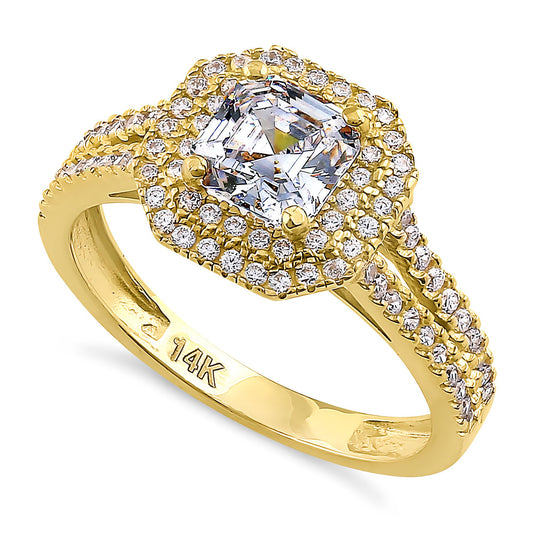Vinali 14K Solid Yellow Gold Asscher Cut CZ Double Halo Engagement Ring