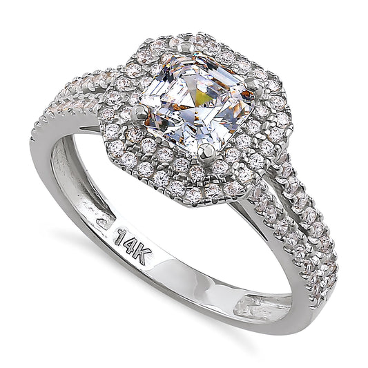 Vinali 14K Solid White Gold Asscher Cut CZ Double Halo Engagement Ring