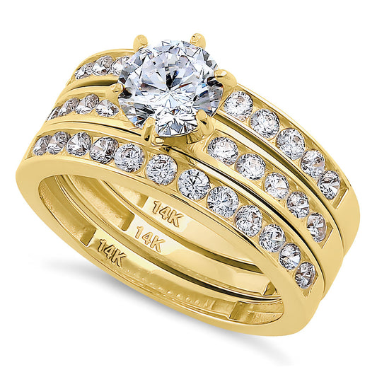 Vinali 14K Solid Yellow Gold 3 Piece Round CZ Bridal Ring Set for Women