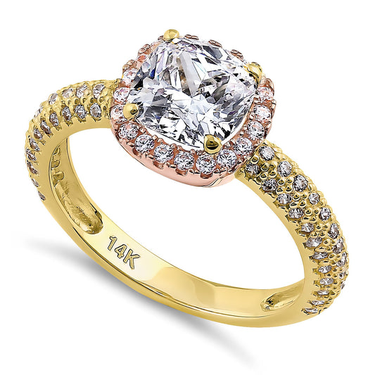 Vinali 14K Solid Two Tone Gold Cushion Cut CZ Halo Engagement Ring