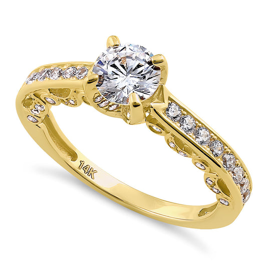 Vinali 14K Solid Yellow Gold 6mm Round CZ Vintage Engagement Ring