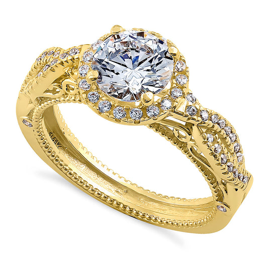 Vinali 14K Solid Yellow Gold Round CZ Halo Twist Engagement Ring