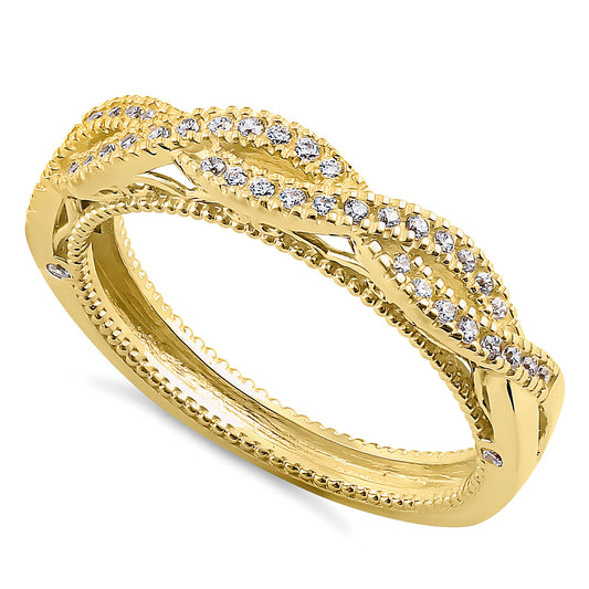 Vinali 14K Solid Yellow Gold 4mm Band Twist Pave CZ Band Ring for Women