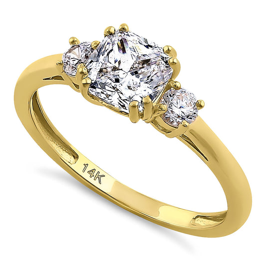 Vinali 14K Solid Yellow Gold Cushion CZ Three Stone Engagement Ring