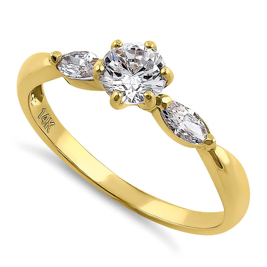 Vinali 14K Solid Yellow Gold Round Marquise CZ Three Stone Engagement Ring