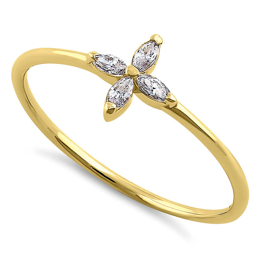 Vinali 14K Solid Yellow Gold Marquise CZ Cross Flower Dainty Ring for Women
