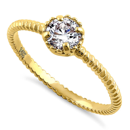 Vinali 14K Solid Yellow Gold Round CZ Solitaire Twisted Rope Band Ring