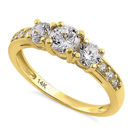Vinali 14K Solid Yellow Gold 5mm Round CZ Three Stone Engagement Ring