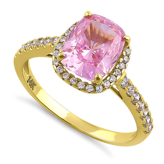 Vinali 14K Solid Yellow Gold Pink Cushion CZ Halo Engagement Ring