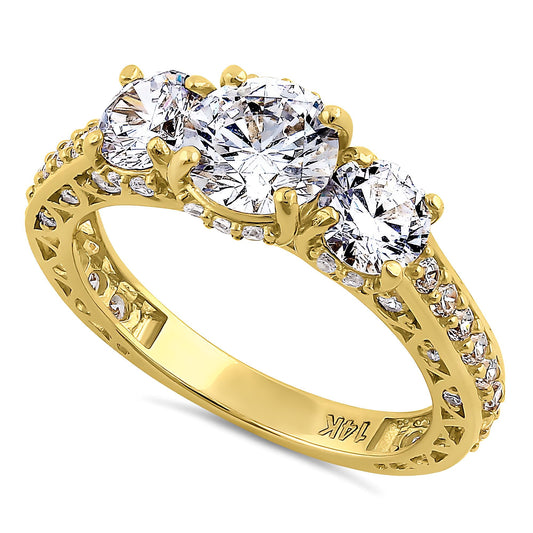 Vinali 14K Solid Yellow Gold Round CZ Three Stone Vintage Engagement Ring