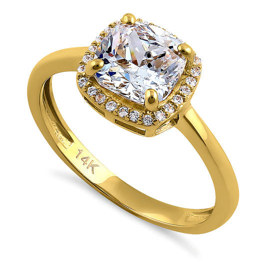 Vinali 14K Solid Yellow Gold 1.6mm Band Cushion Cut CZ Halo Engagement Ring