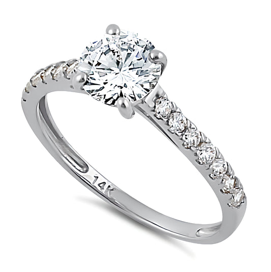 Vinali 14K Solid White Gold 6.5mm Round CZ Engagement Ring with Side Stones