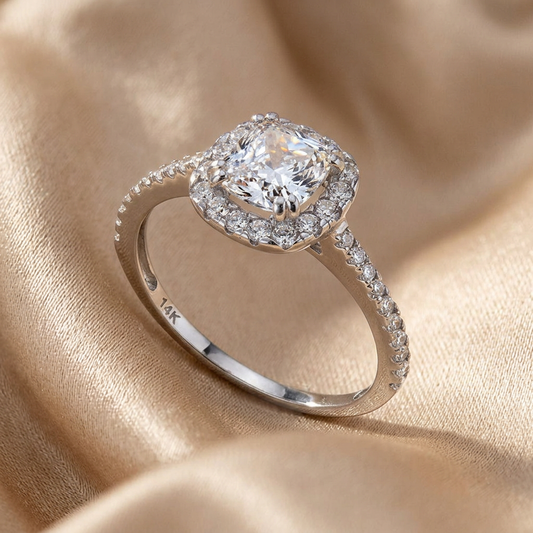Vinali 14K Solid White Gold 6mm Cushion CZ Halo Engagement Ring for Women worn and styled