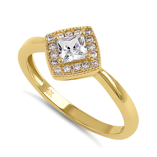 Vinali 14K Solid Yellow Gold Princess Cut CZ Halo Ring for Women