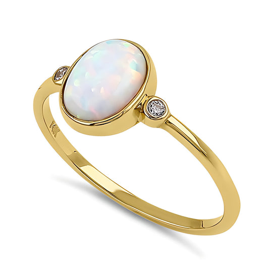 Vinali 14K Solid Yellow Gold Oval Natural White Opal and CZ Ring for Women