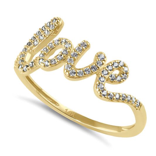 Vinali 14K Solid Yellow Gold Love Script Pave CZ Statement Ring for Women