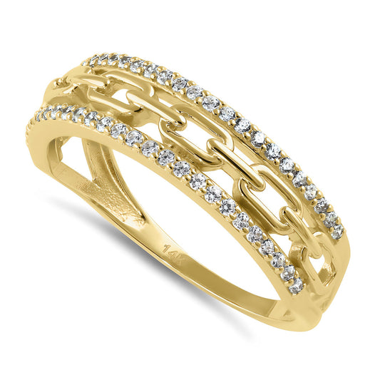 Vinali 14K Solid Yellow Gold Chain Link Pave CZ Wide Band Ring for Women