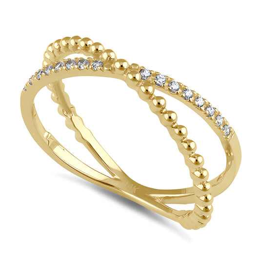 Vinali 14K Solid Yellow Gold Criss Cross Pave and Bead X Ring for Women