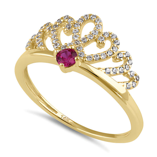 Vinali 14K Solid Yellow Gold Crown Tiara Ring with Red and Clear CZ
