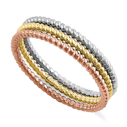 Vinali 14K Solid Tri Color Gold Rope Stacking Ring Set of 3 for Women