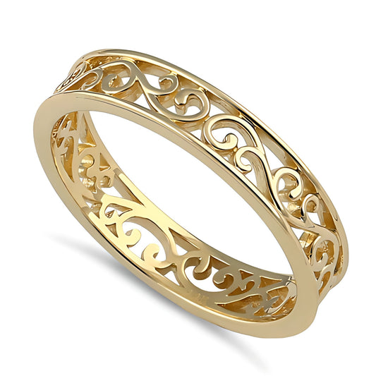 Vinali 14K Solid Yellow Gold 4mm Filigree Scroll Band for Women