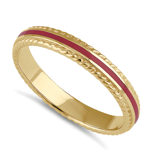 Vinali 14K Solid Yellow Gold Red Enamel Rope Edge Band Ring for Women