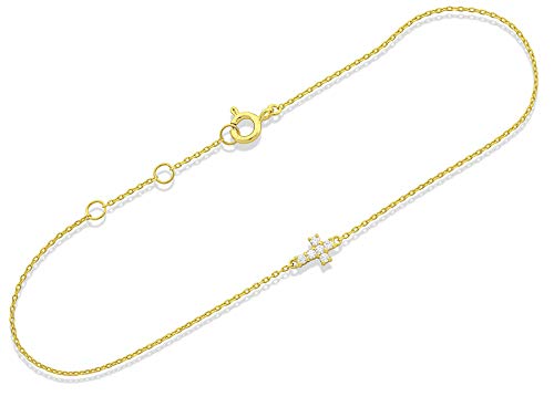 Sold 14K Yellow Gold CZ Small Sideways Cross Bracelet - 8in