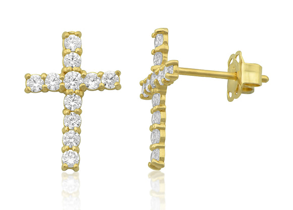 14K Yellow Gold Cz Small Cross Stud Earrings - 0.43in