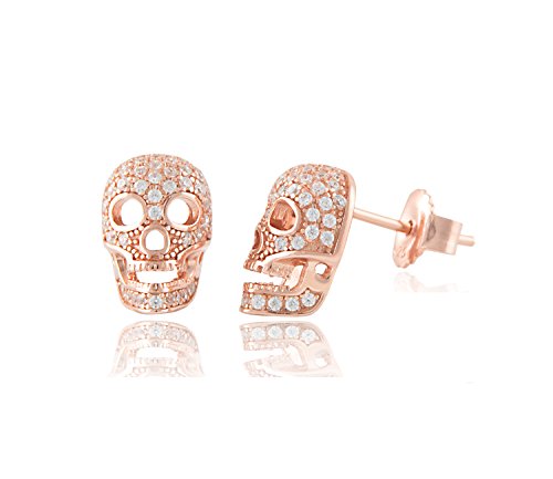 Rose Gold Tone Sterling Silver Cz Skull Stud Earrings - 11mm